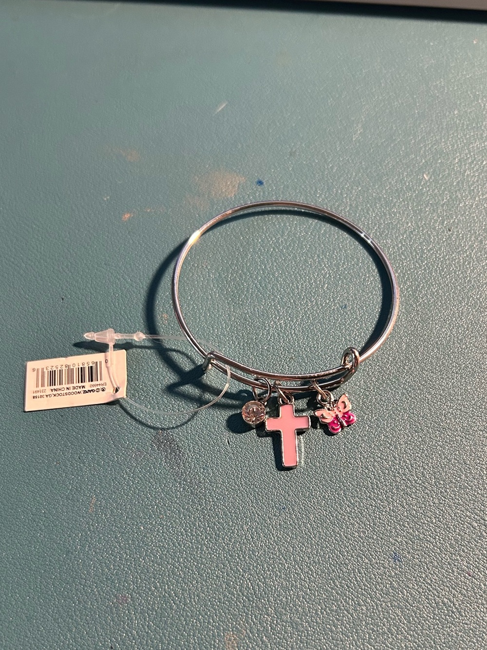 GANZ Silver Bangle Bracelet with Pink Cross and Flower Charms